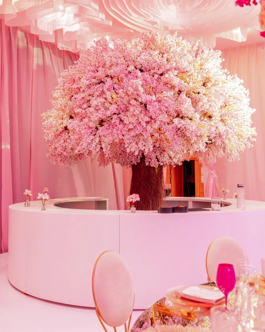 Árbol de flor rosa sobre una base blanca, en un salón entelado