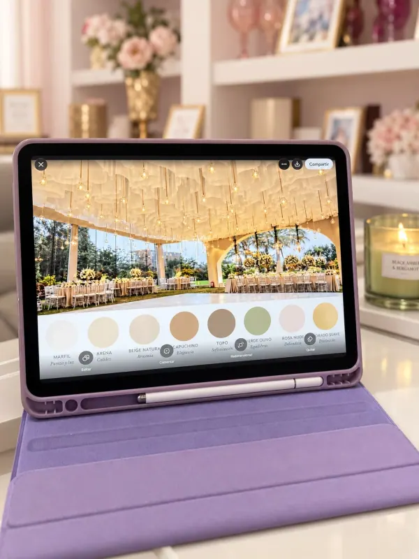Tableta con el diseño de un evento y su paleta de colores