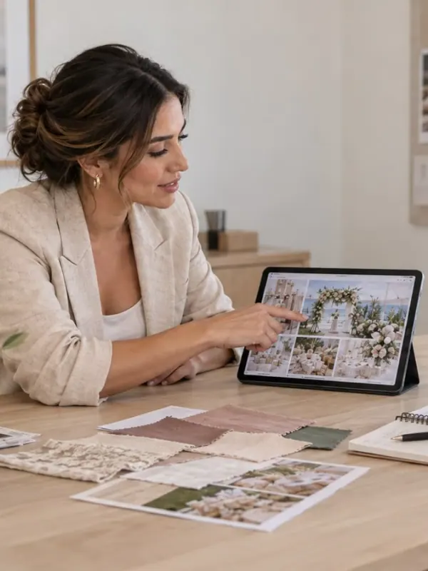 La diseñadora presenta la propuesta en una tableta, con muestras de tela sobre la mesa